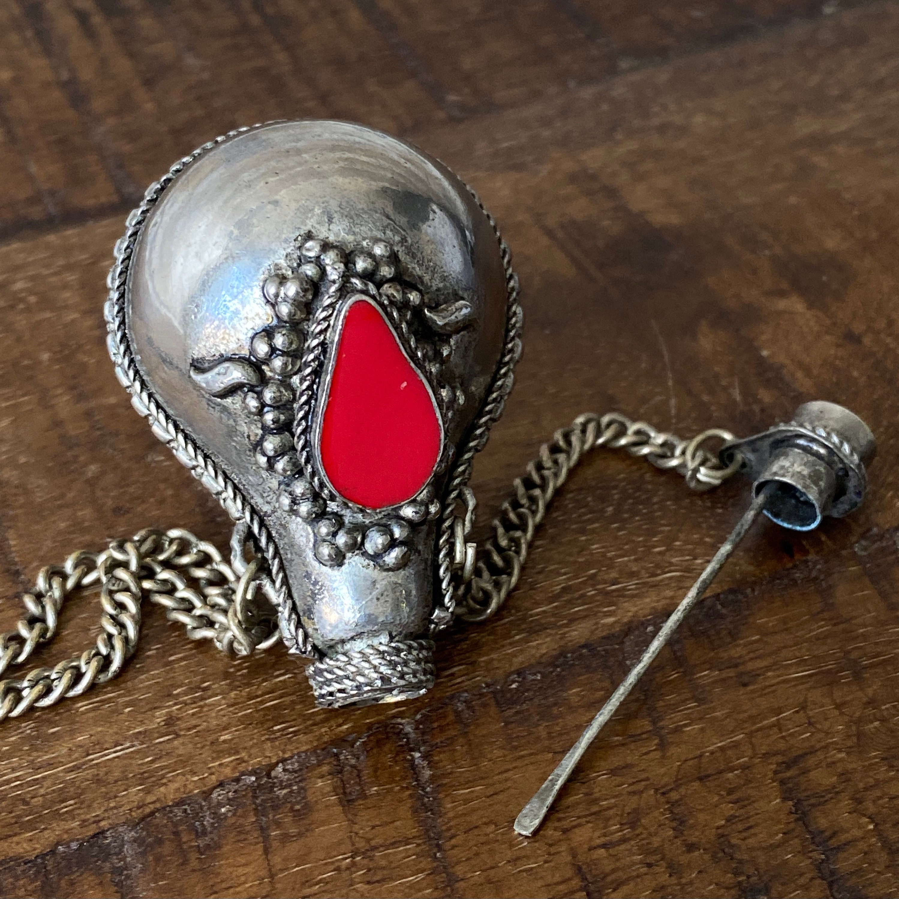 Vintage Indian Silver and Red Coral Glass Snuff Perfume