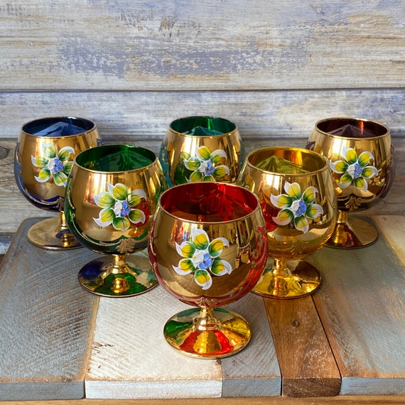 Vintage Murano Brandy Snifters: Set of 6 Hand-painted 24kt Gold
