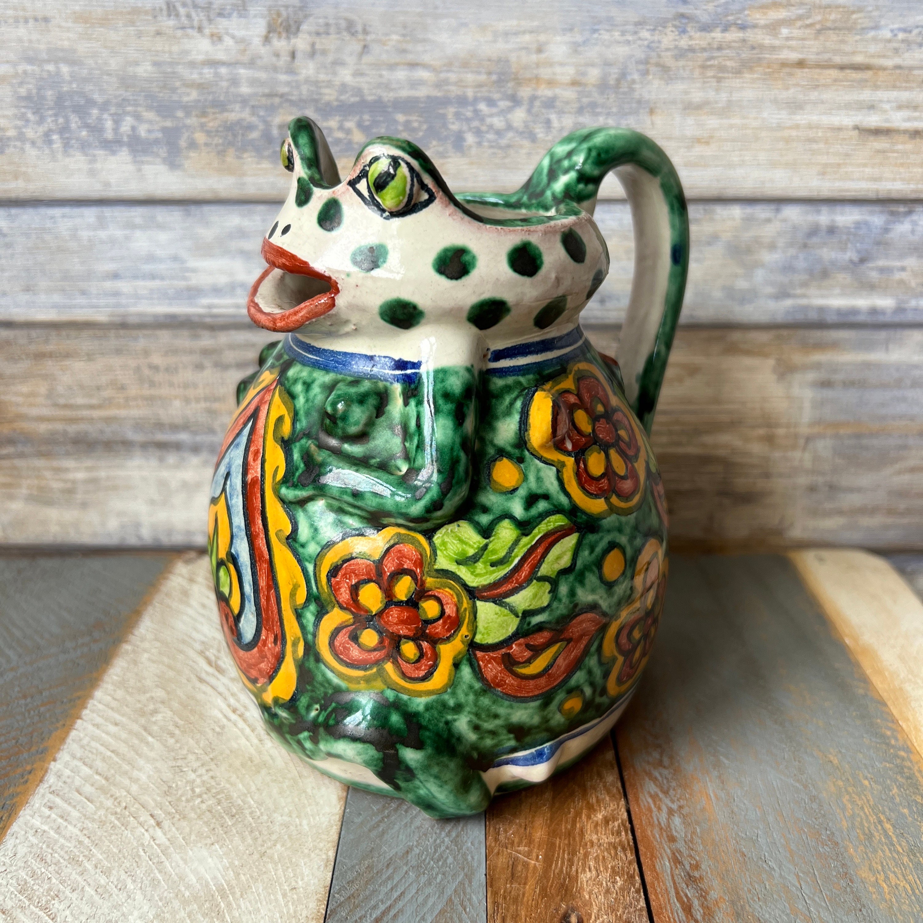 Vintage Mexican Folk Art Majolijka Green Frog Jug Pitcher Hand