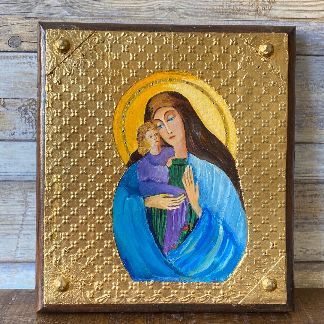 Vintage Hand Painted Icon Holy Mary With Baby Jesus on Wood Religious ...