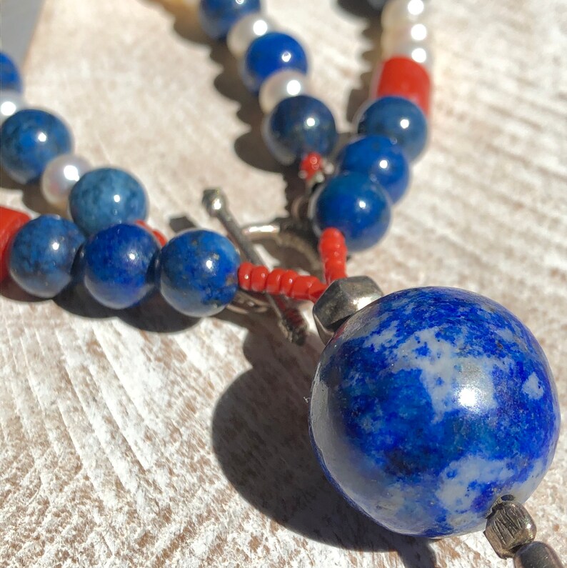 Vintage Silver Lapis Lazuli Red Coral Pearls Necklace Etsy