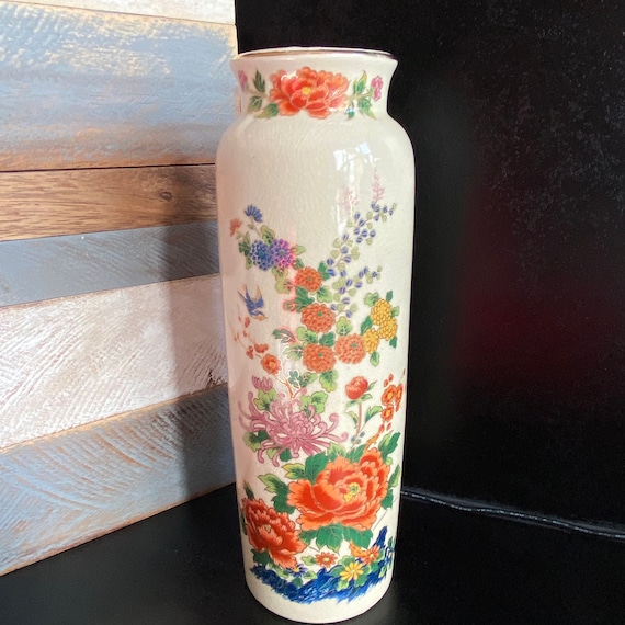 Buy Vintage Japanese Gilded Vase With Colourful Flowers Motif
