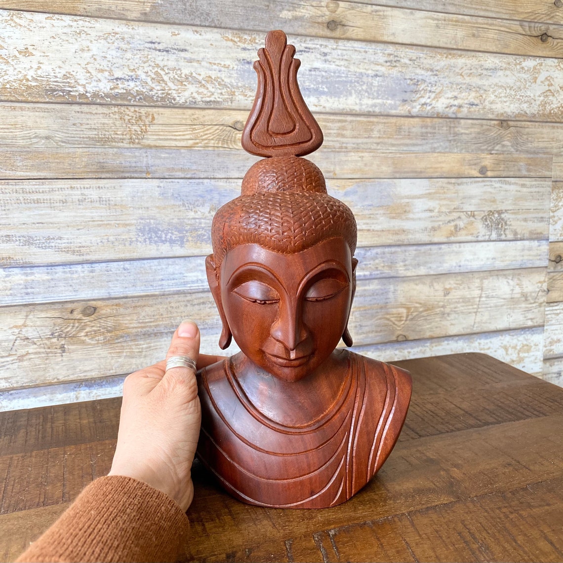 Antique Heavy Chinese Rosewood Buddha Bust Head With Headdress Etsy