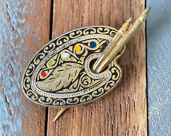 Vintage goldfarbene Metall bunte Emaille Künstler Palette Brosche Pin