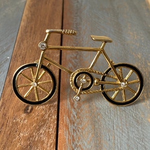 Vintage Gold Toned Black Enamel and Rhinestones Large Bicycle Brooch