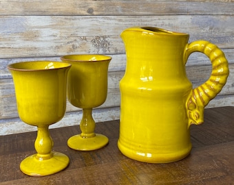 Rare 1970s Studio Pottery Mustard Yellow Glaze Pitcher Jug Set with Goblets