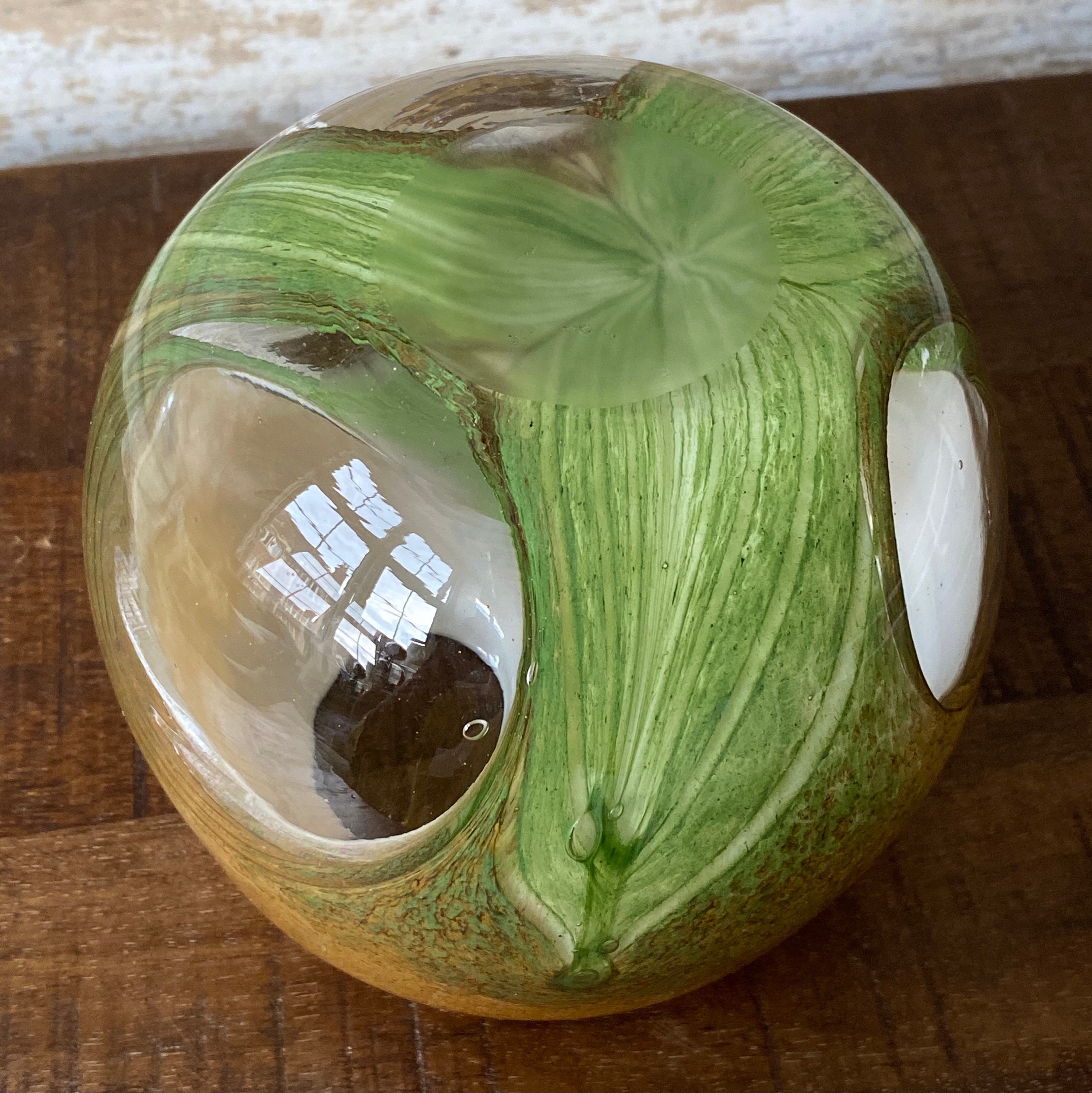 Vintage Studio Art Glass Round Vase Three Clear Windows Green Etsy