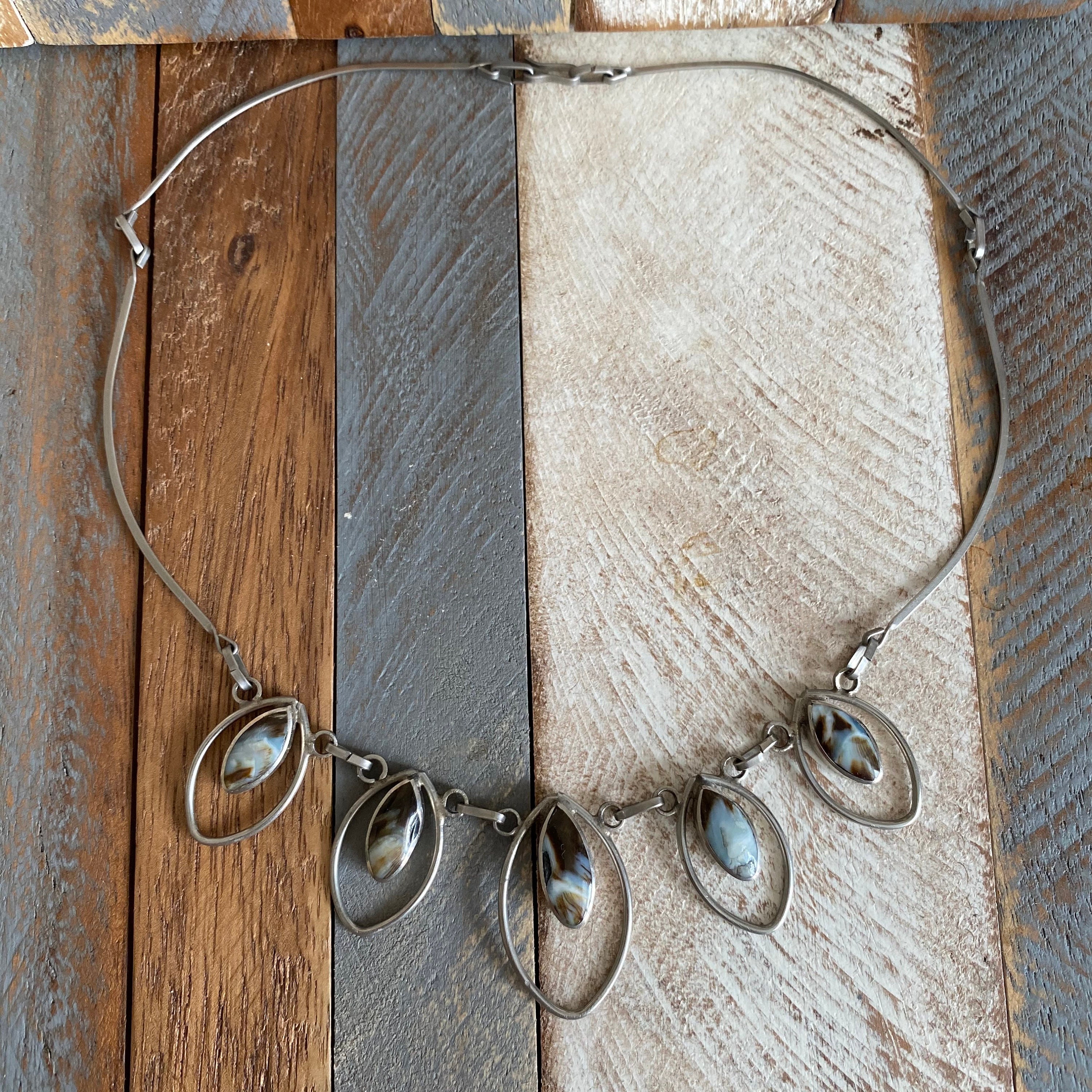 1970s Artisan Brutalist Style Minimalist Two Sided Necklace Black Onyx and Shell