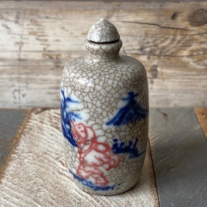 Vintage Chinese Glazed Crackle Porcelain Kung-Fu Monks Hand Painted Snuff Bottle
