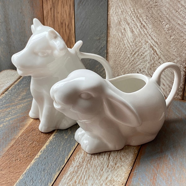 Vintage Blanc de Chine Cow and Rabbit Creamers Set White Porcelain