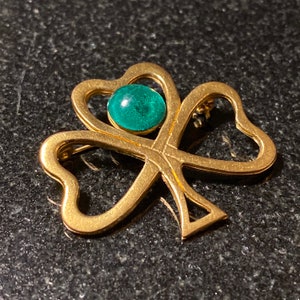 Vintage Gold Toned Metal and Green Glass Cabochon Irish Shamrock Brooch Pin Made in Ireland