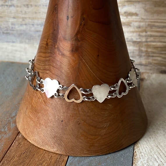 Vintage Retro Sterling Silver Heart Links Bracelet