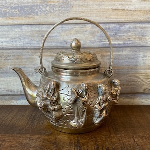 Vintage Chinese Silver Plated Brass Tea Pot with Immortals Marked Bottom