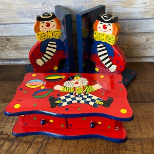 Vintage Handmade Clown Bookends and Treasure Box: Kids Room Decor