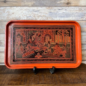 Antique 19th Century Burmese Lacquer Large Rectangular Serving Tray Incised Palace Scene