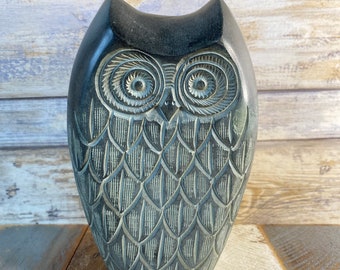 Vintage Hand Carved Soapstone Owl Sculpture Door Stopper Book End Dark Green Heavy