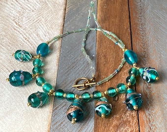 Vintage Murano Glass Wedding Cake Teal and Gold Beads Necklace
