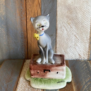 Vintage Italian Cat Sitting on Suitcase Figurine Signed Ceramic
