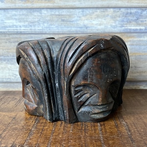 Antique African Hand Carved Hardwood Cigar Ashtray Carved Tribal Face Tiki Hut Decor