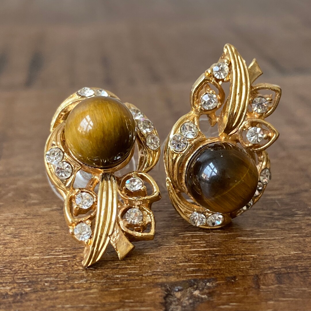 Vintage Costume Jewellery Tiger Eye Rhinestones Gold Toned