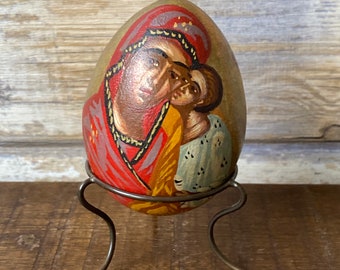 Vintage Russian Hand-Painted Icon Easter Egg, Holy Mary & Baby Jesus
