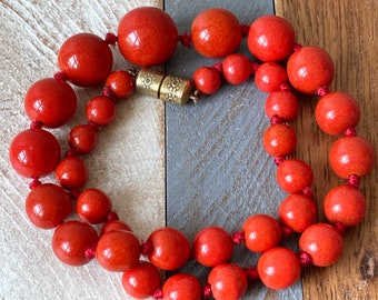 Antique French Fine Red Coral Peking Speckled Glass Graduated Beads Necklace Hallmarked Made in France 49.63g