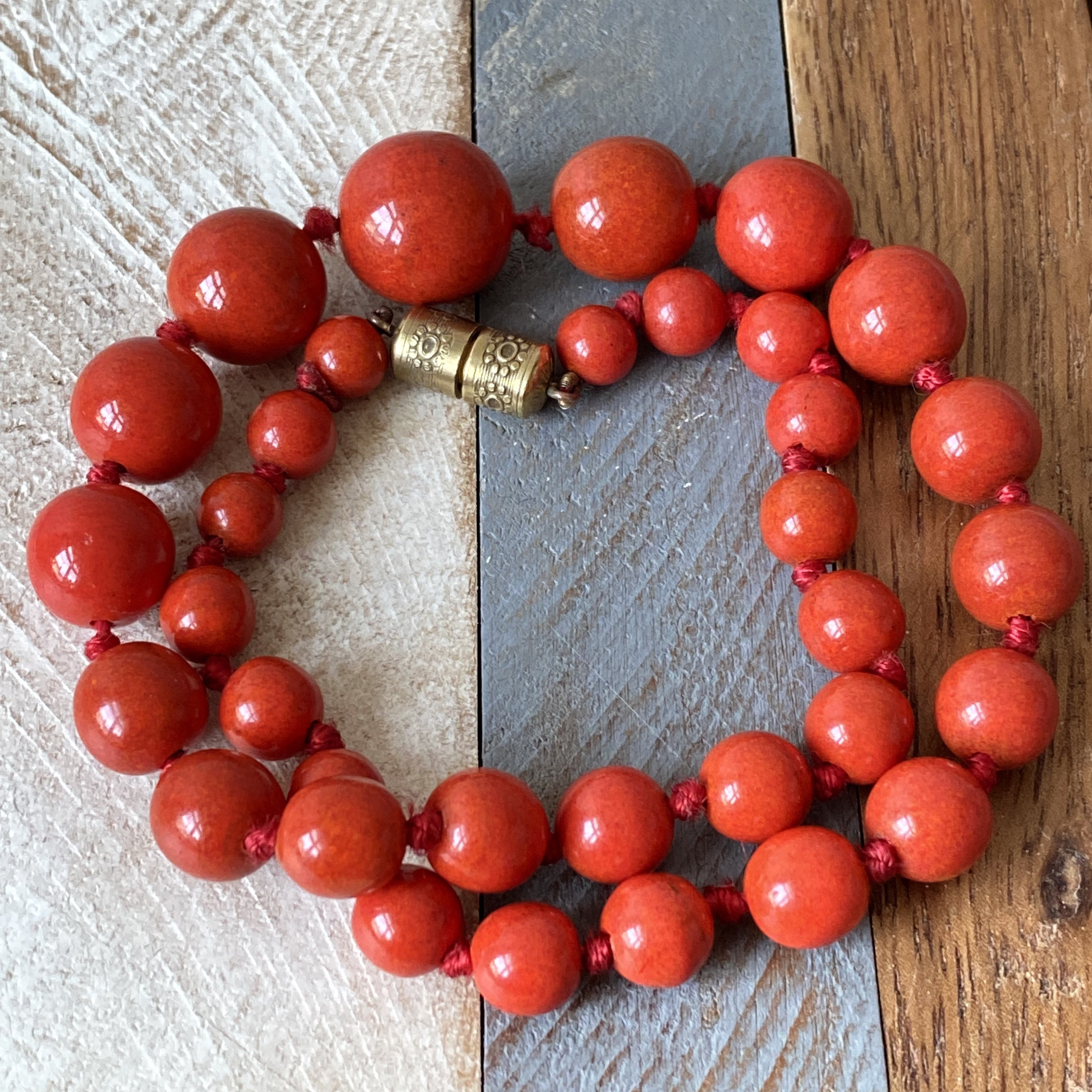Antique French Fine Red Coral Peking Speckled Glass Graduated Beads Necklace Hallmarked Made in France 49.63g