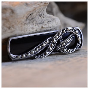 Beautiful Vintage Black Onyx and Marcasite Sterling Silver Brooch