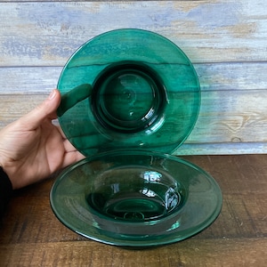 Vintage Emerald Green Glass Candle Holder Bowls: Cornish Liskeard Pair