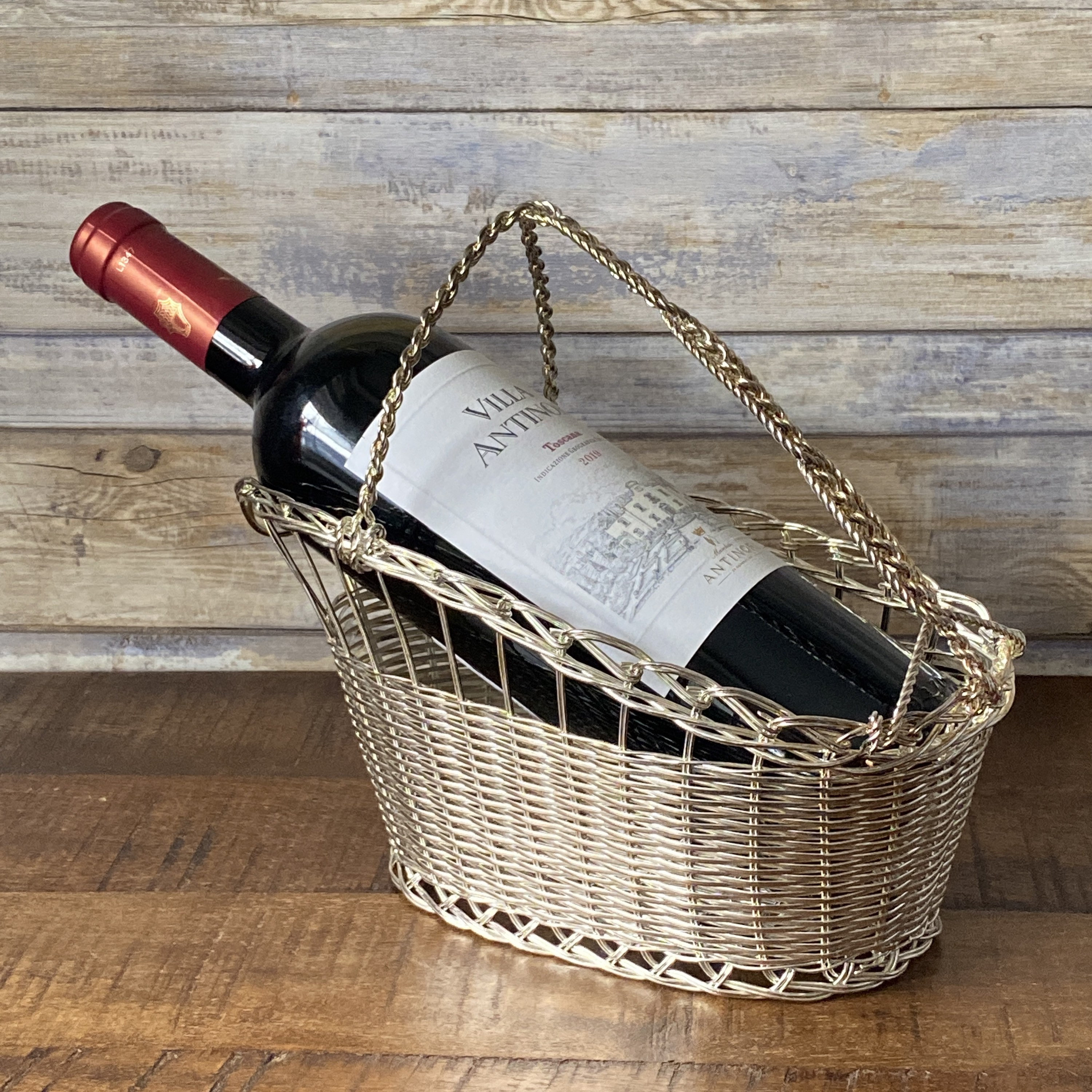 Vintage Silver Plated Wire Woven Wine Bottle Serving Basket