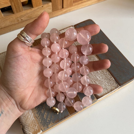 Vintage Pink Rose Quartz Graduated Beads Necklace Long Hallmarked Etsy Canada