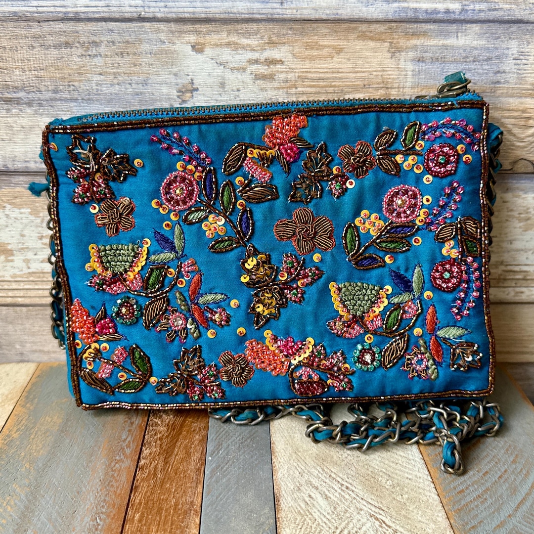 Handbag Blue Pattern Vintage Blue Hand Embroidered Handbag With Colourful Floral Motifs - Etsy