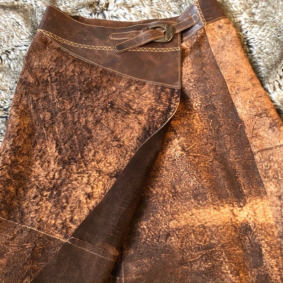 Vintage Real Brown Cow Leather Long Wrap Skirt Mi… - image 6