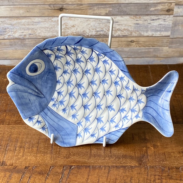 vintage Céramique Fish Plate Bleu et Blanc Peint à la main