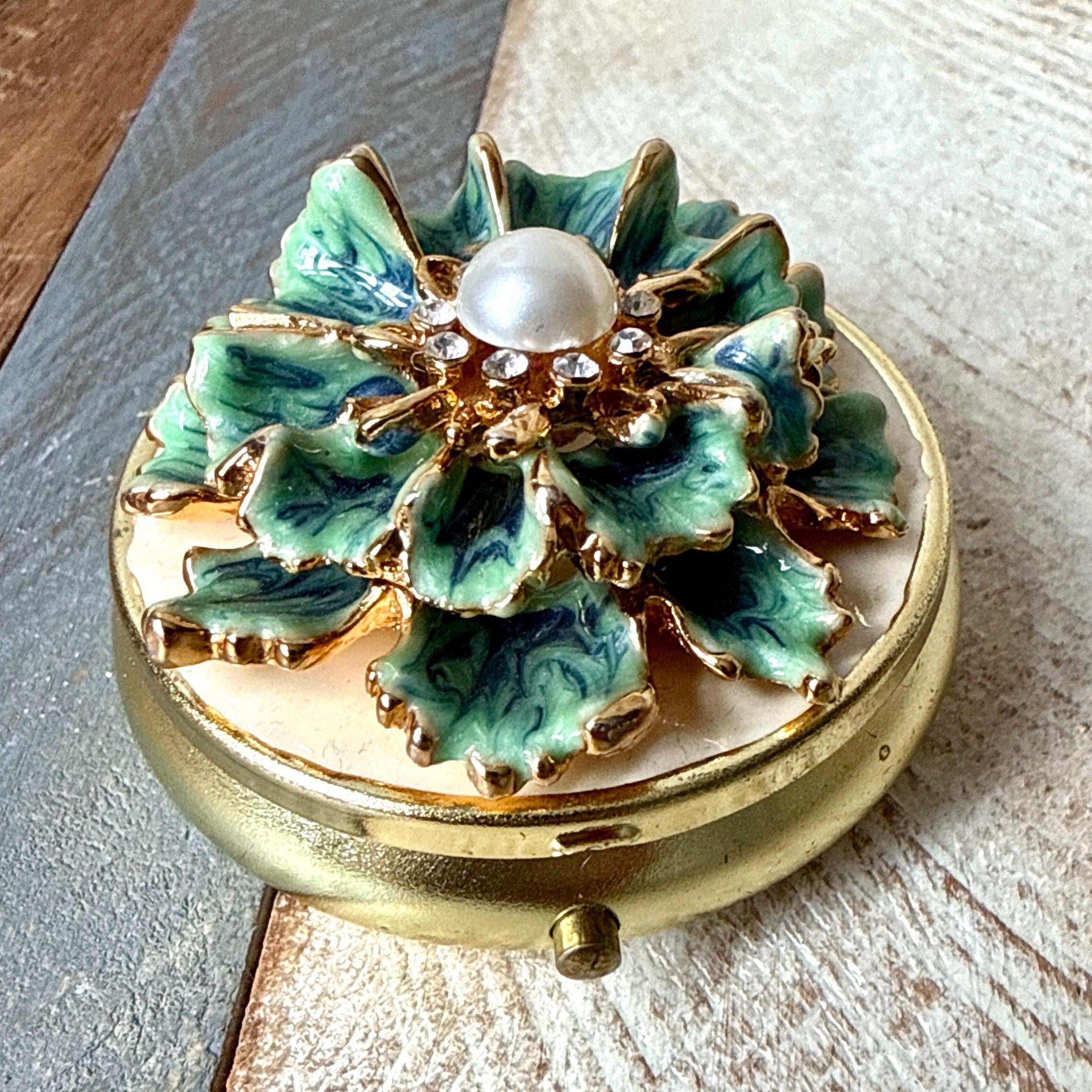 Vintage Gold Toned Metal and Green Enamel Bejewelled Floral Pill Box