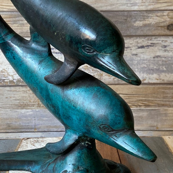 1930s Vintage Large Bronze Ornamental Dolphins Sculpture Marine
