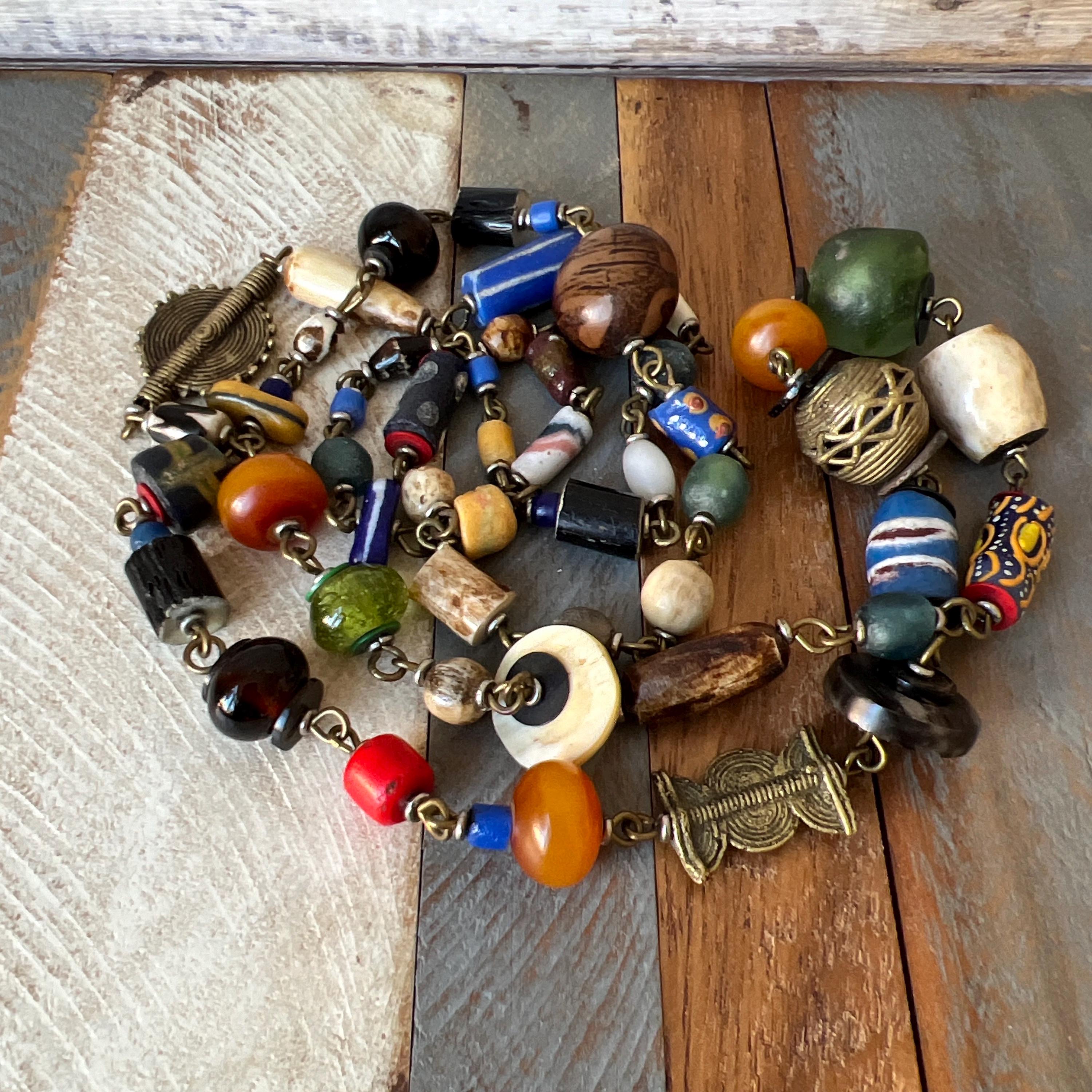 Vintage Handmade African Trade Beads and Brass Multicoloured Long