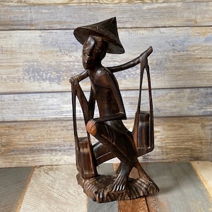 Vintage Mid Century Balinese Hand Carved Wooden Fisherman Peasant Figurine Small Damage