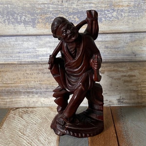 Vintage Chinese Hand Carved Rosewood Figurine of Wise Man Immortal Glass Eyes Intricate Details
