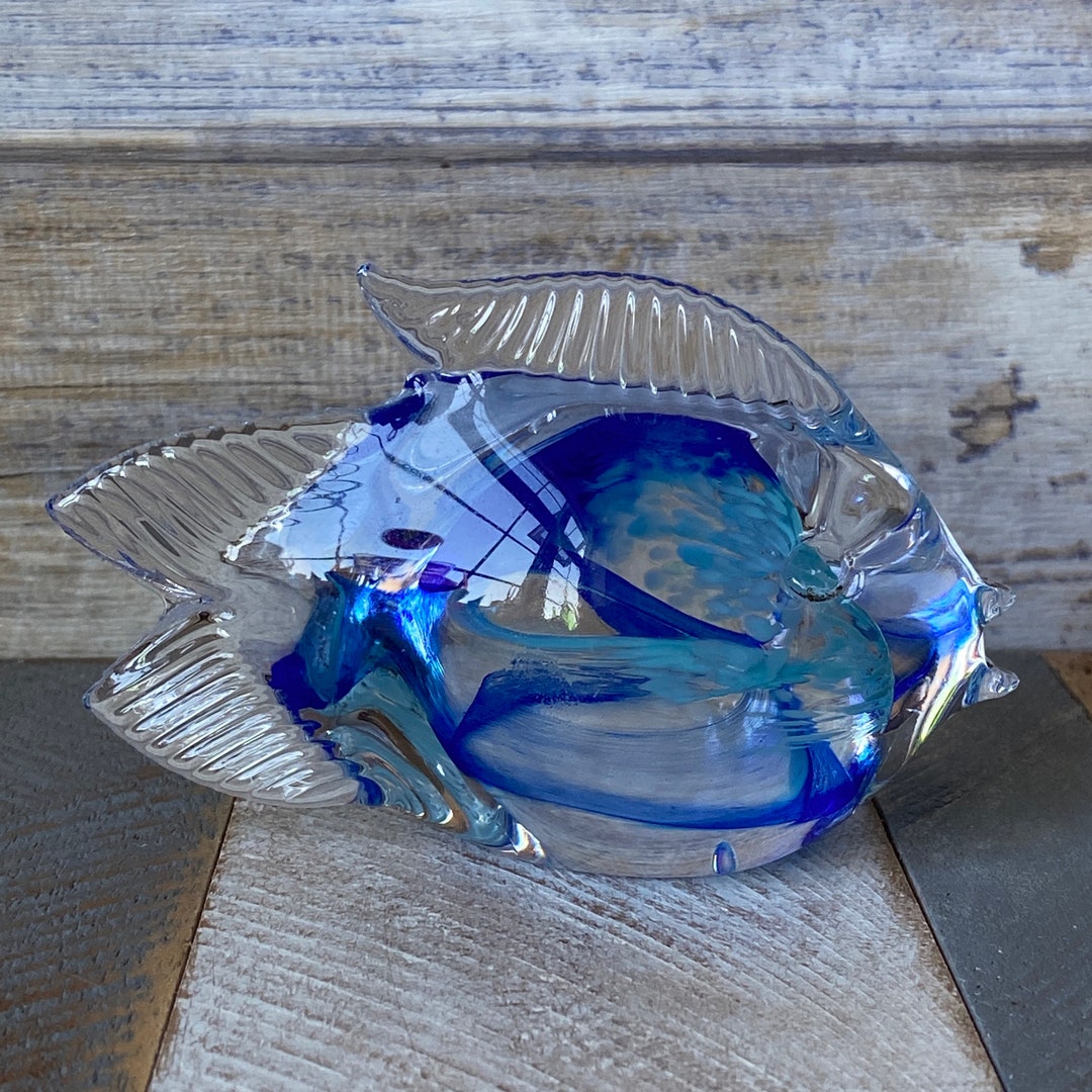 Vintage Handmade Art Glass Fish Figurine Ornament Light and Dark Blue ...