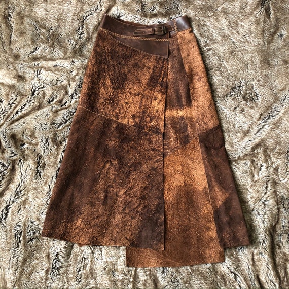 Vintage Real Brown Cow Leather Long Wrap Skirt Mi… - image 1