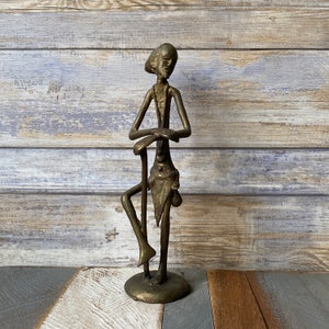 Vintage African Hand Crafted Bronze Figure Sculpture of Warrior Villager Statue