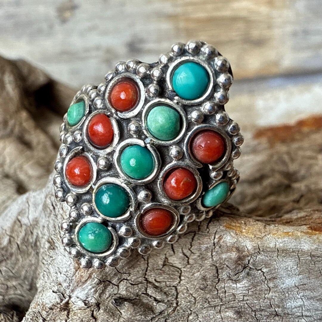 Vintage Sterling Silver Red Coral and Turquoise Ring Hallmarked 925 - Etsy