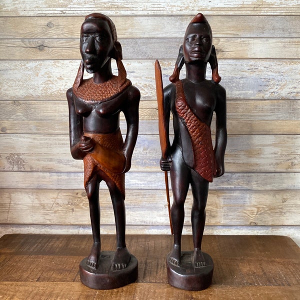 Vintage Authentic African Folk Art Masai Warriors Pair of Wooden Sculptures Statues Kenya