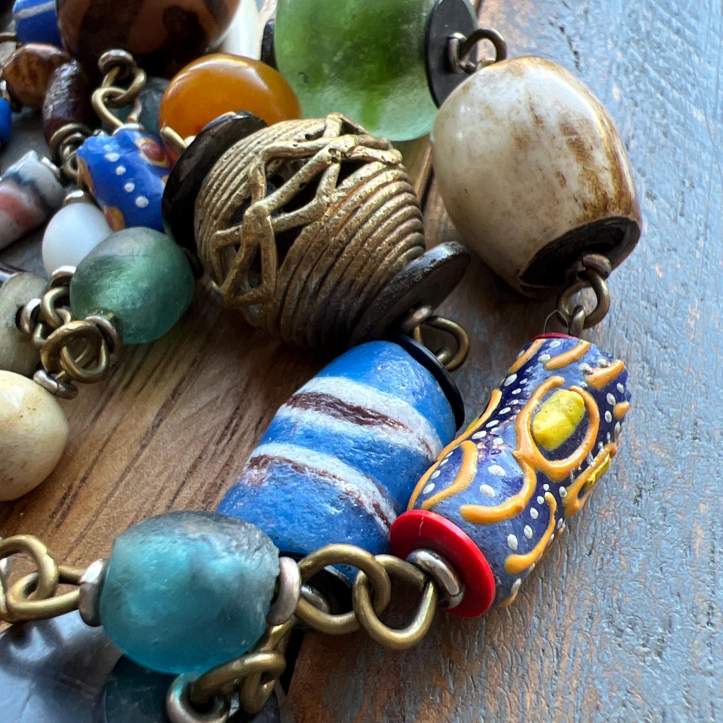 Vintage Handmade African Trade Beads and Brass Multicoloured Long