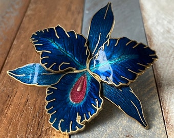 Stunning Vintage Gold Toned Metal and Sapphire Blue Guilloche Enamel Orchid Flower Brooch Marked