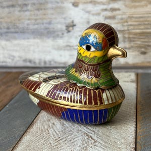 Vintage Chinese Cloisonné and Brass Mallard Duck Figurine Trinket Box