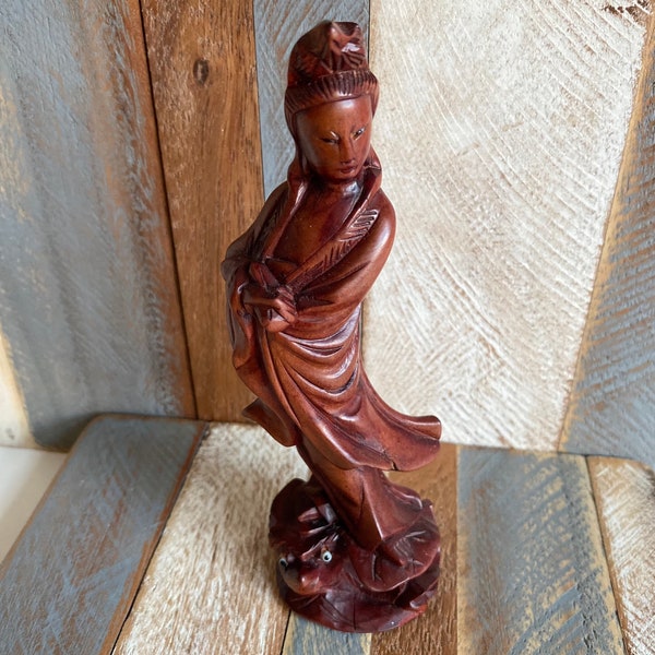 Vintage Chinese Lady and Fish Hand Carved Red Wood Rosewood Figurine