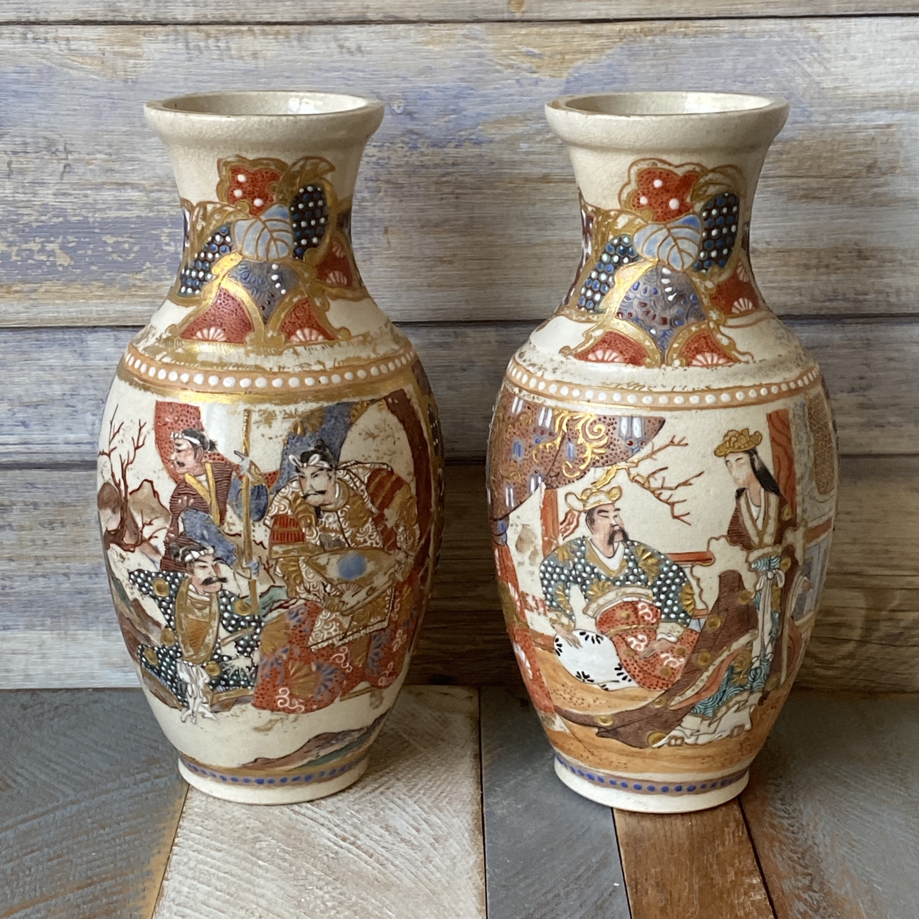 Antique Satsuma Ware Vases: Japanese Meiji Pottery Pair, Intricate