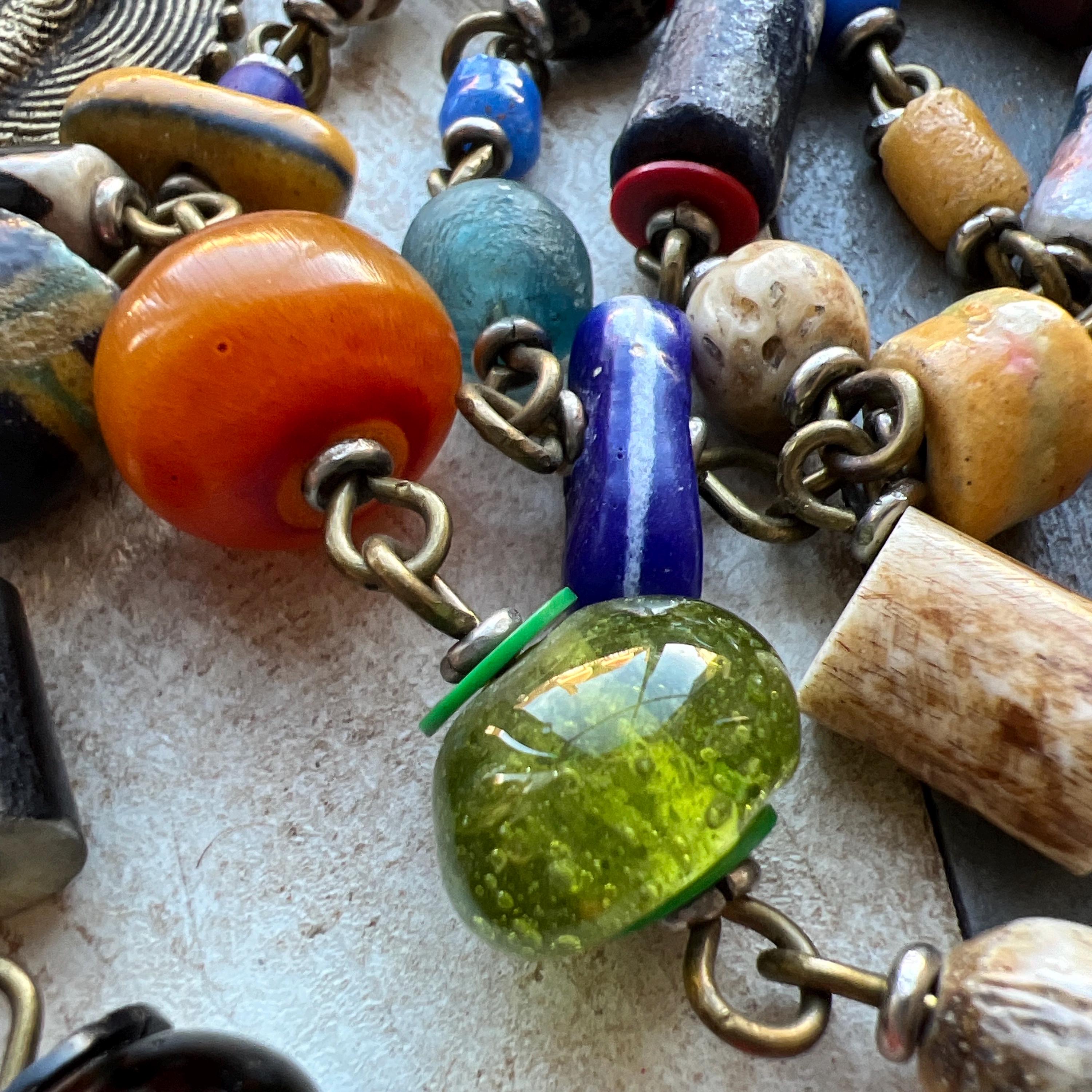 Vintage Handmade African Trade Beads and Brass Multicoloured Long